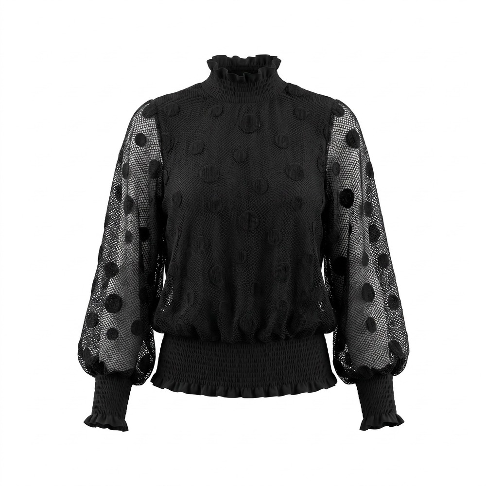 Gracia Mesh Polka Dot Blouse S Black Smocked‎ High Neck Balloon Sleeve Romantic